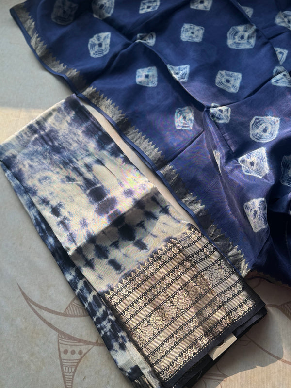 Shibori Mangalgiri Silk Cotton Unstitched Material- Kurta + Dupatta