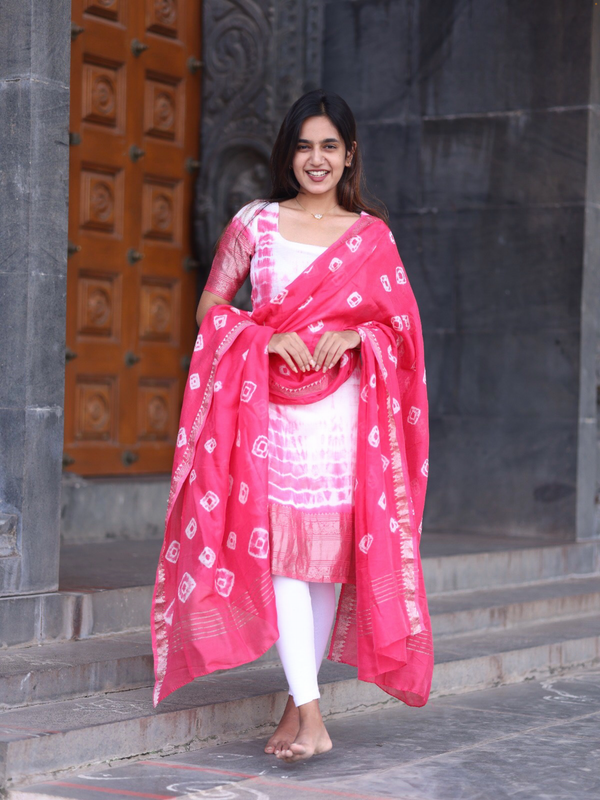 Shibori Mangalgiri Silk Cotton - Kurta + Dupatta - Onam FastTrack