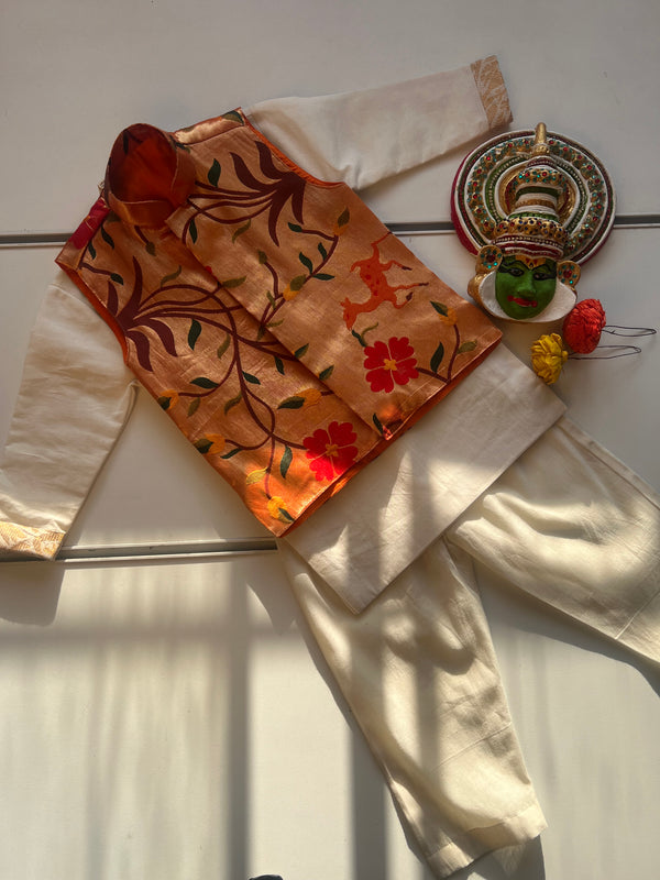 Boys - Paithani Kurta Set -orange (Onam Collection)