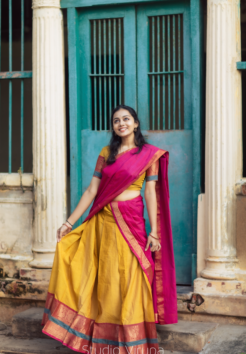 Pongal ❤️ Got this really beautiful half saree from @ivalinmabia ✨ Makeup :  @zamajyamakeupstudio Ornaments: @planetjewel Clicked ... | Instagram