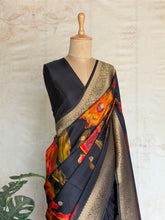Atharvi - Mushru Silk Saree with Floral Digital Print & Antique Zari Border – Black