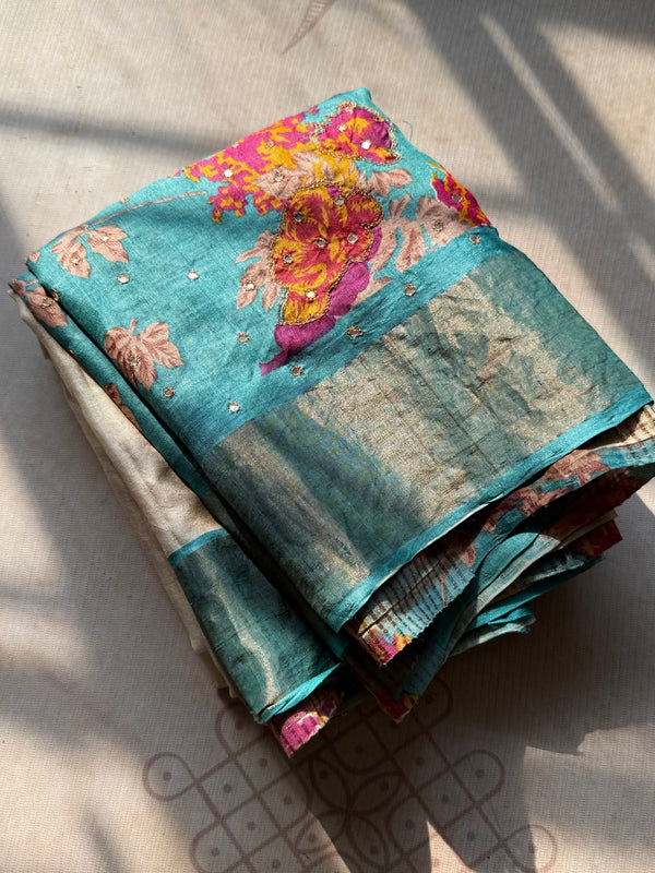 Teal Blue Digital Print Tussar Silk Saree with Floral Prints & Subtle Mirror Highlights