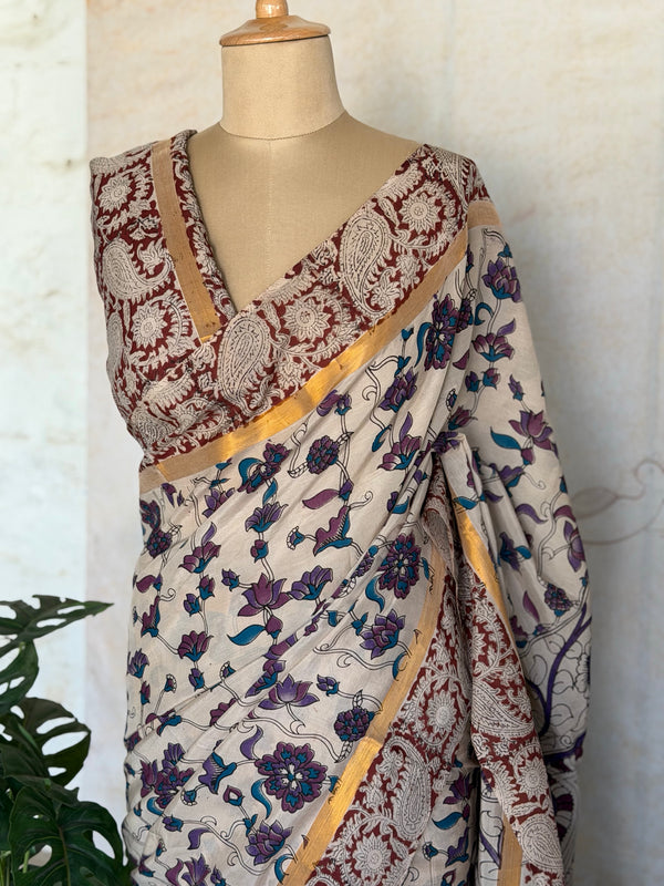 Pure Chennuri Silk Kalamkari Saree with Pichwai Florals & Peacock Pallu – Ivory, Purple & Maroon Border