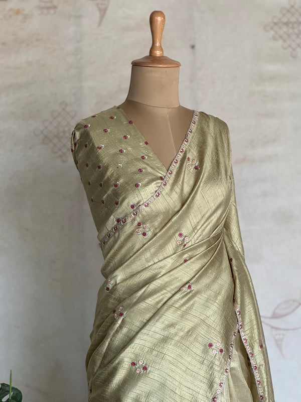 Sage Green Chanderi Saree with All-Over Hand Embroidery
