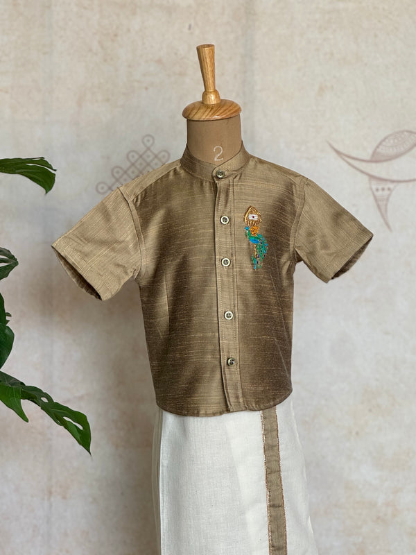 Velum Mayilum Hand-Embroidered Boys Temple Shirt & Dhoti Set — South Indian Traditional Ethnic Wear Vishu Edit