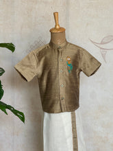 Velum Mayilum Hand-Embroidered Boys Temple Shirt & Dhoti Set — South Indian Traditional Ethnic Wear Onam Edit