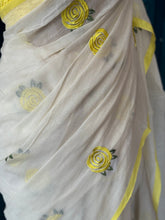 Mul Cotton Saree – half White with Yellow Floral Embroidery & Contrast Border