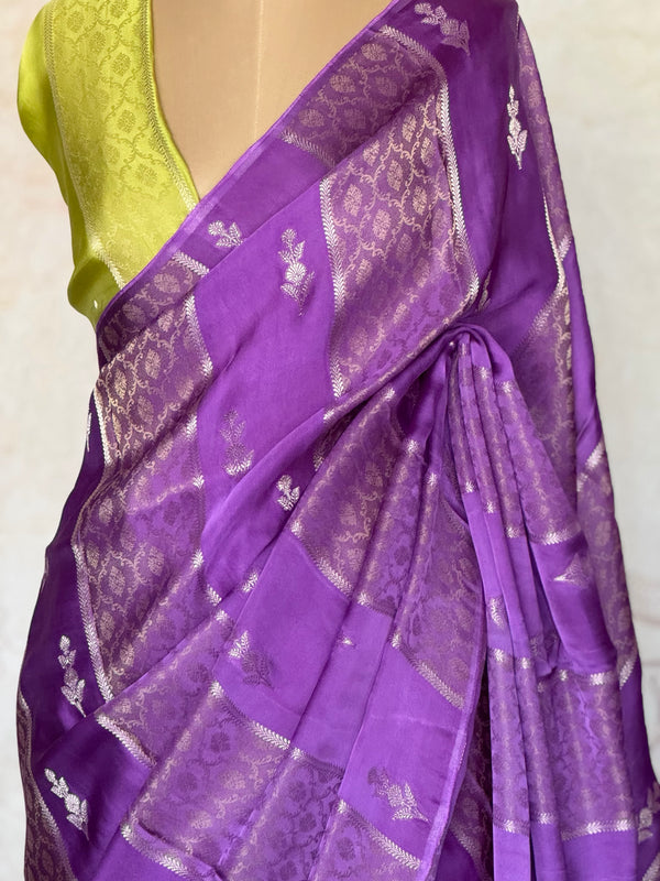 Ishara Mashru Silk Saree - Royal Purple with Zari Jaal & Floral Buttas