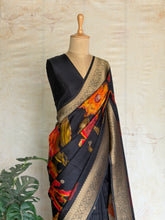Atharvi - Mushru Silk Saree with Floral Digital Print & Antique Zari Border – Black