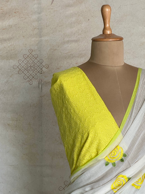 Mul Cotton Saree – Half White with Yellow Floral Embroidery & Contrast Border - Onam Edit