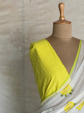 Mul Cotton Saree – Half White with Yellow Floral Embroidery & Contrast Border - Onam Edit