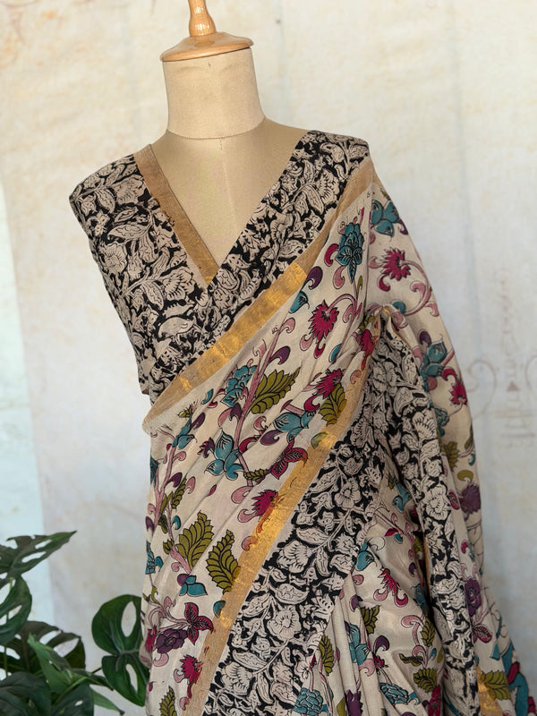 Pure Chennuri Silk Kalamkari Saree with Zari Border