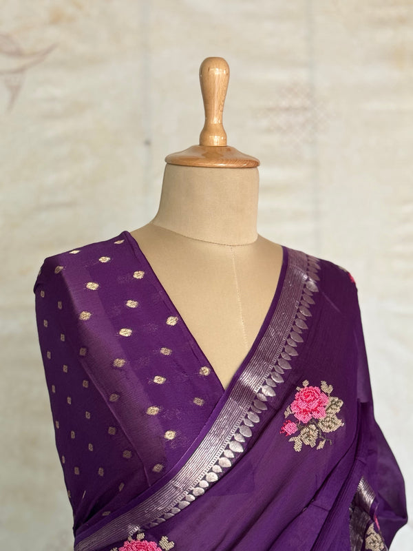 Vandita - Pure Chiffon Saree with Cross Stitch Floral Embroidery