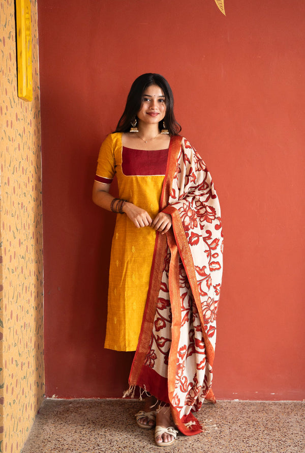 Pallavi - Raw Silk 3-Piece Suit Set with Kalamkari Dupatta