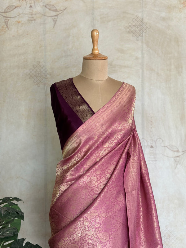 Aaranya - Mushru Silk Saree – Dusty Rose Pink with Maroon Blouse