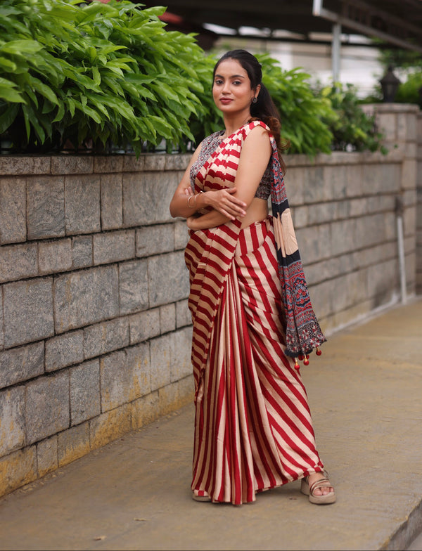 Beige & Red Modal Saree with Striped Body and Ajrakh Printed Blouse | Handcrafted Saree