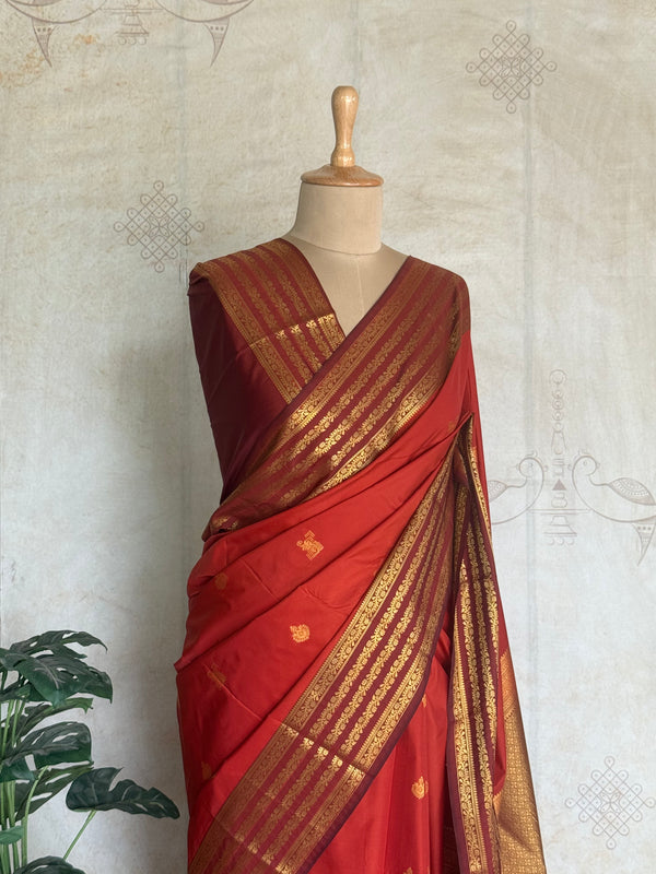 Semi Kanchi Silk Saree in Rust Orange with Gold Zari