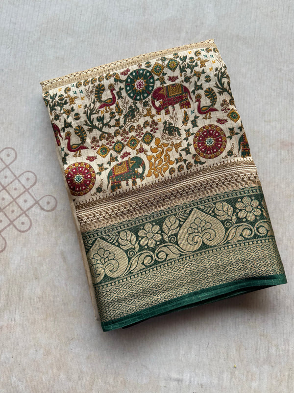 Banarasi Zari Striped Saree with Kalamkari Border & Matching Butta Blouse