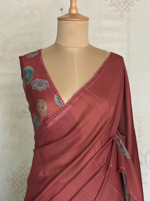 Shraddha - Linen Floral Applique Saree — Hakoba Lace Border