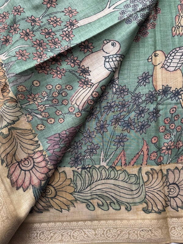 Gulmohar - Pen Kalamkari Tussar Silk Saree with Zari Border & Artistic Pallu