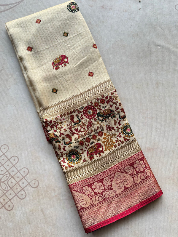 Banarasi Zari Striped Saree with Kalamkari Border & Matching Butta Blouse