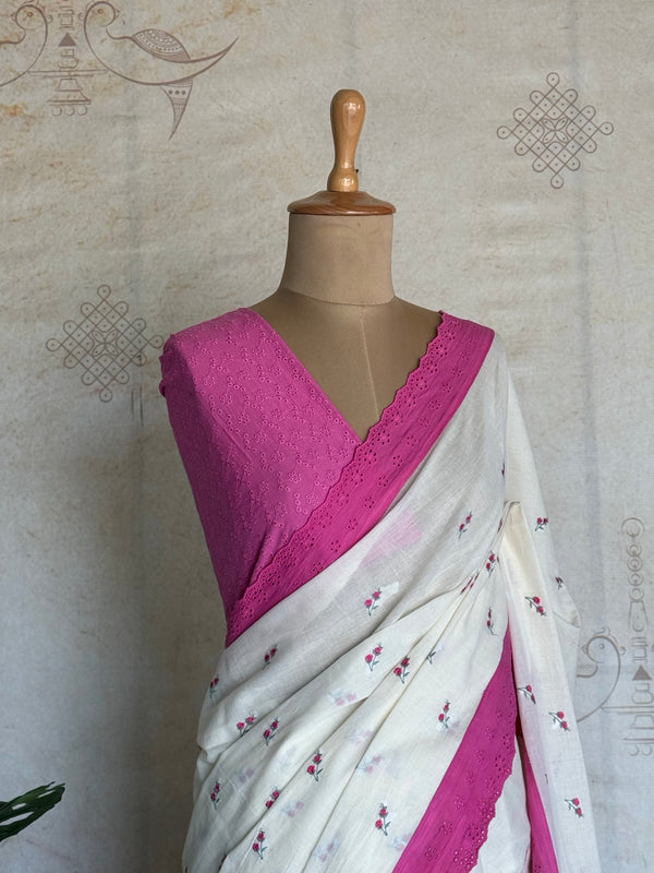 Varnika - Pure Cotton Multi Floral Embroidered Saree with Hakoba Lace - Onam Edit