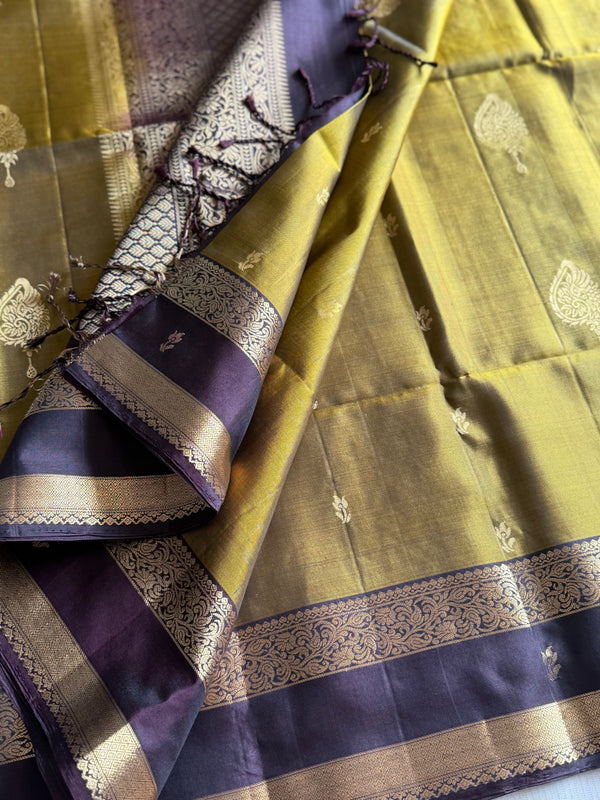 Pure Kanjivaram Soft Silk Saree with Velum Mayizhum Zari Buttas & Traditional Kanchi Border – Vintage Edition