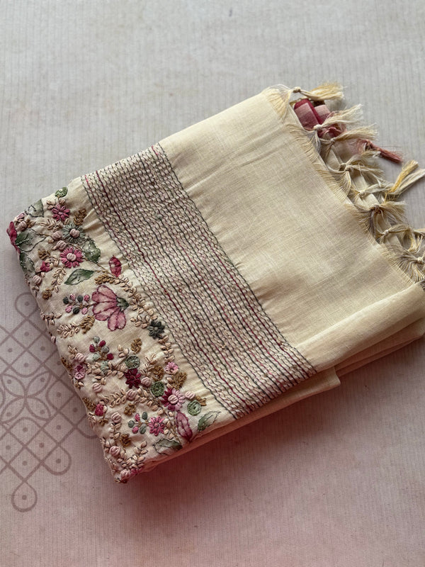 Ceya Linen Saree with Hand Floral Embroidery
