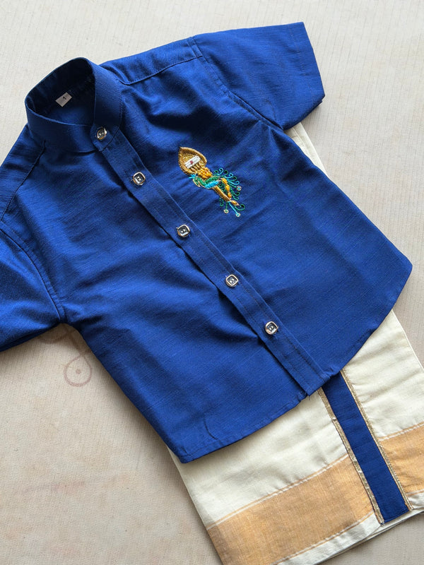 Velum Mayilum Hand-Embroidered Boys Temple Shirt & Dhoti Set — South Indian Traditional Ethnic Wear Onam Edit
