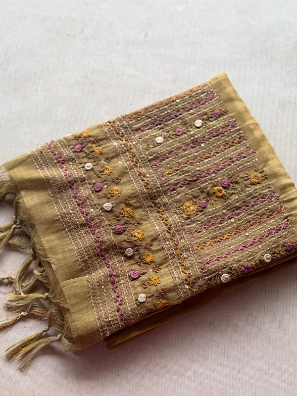 Ceya Linen Saree with Hand Floral Embroidery
