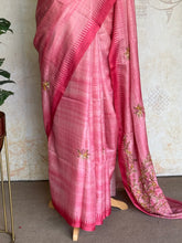 Ceya - Pink Tussar Silk Saree with Floral Hand Embroidery & Statement Pallu