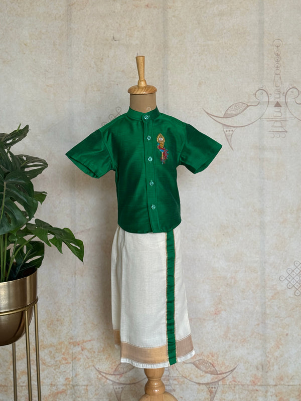 Velum Mayilum Hand-Embroidered Boys Temple Shirt & Dhoti Set — South Indian Traditional Ethnic Wear Vishu Edit