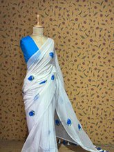 White Mul Cotton Hand-Painted Saree with Blue Floral Motifs