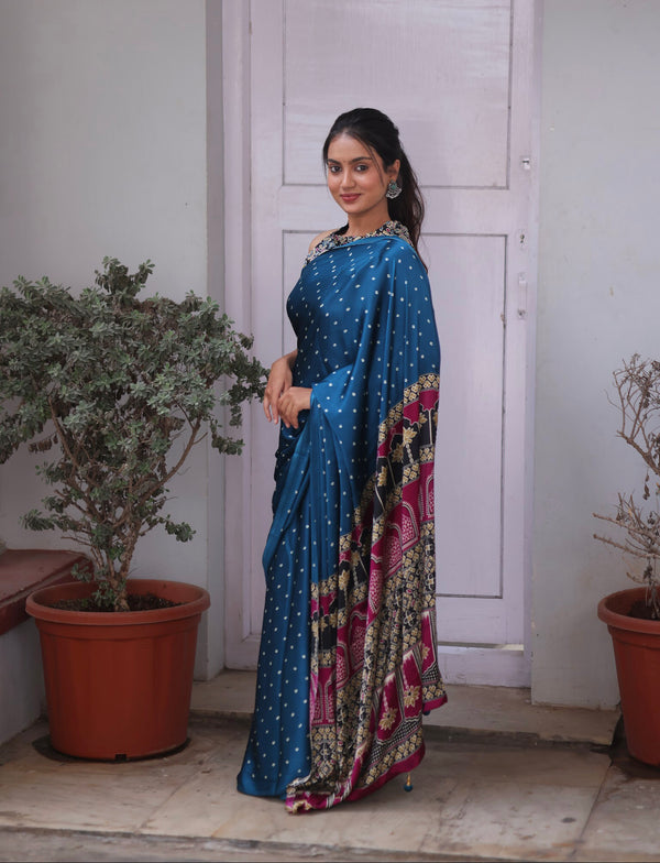 Petrol Blue Modal Saree with Silver Buttas with Ajrakh Pallu