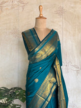 Semi Kanchi Silk Saree – Teal Blue & Gold Saree