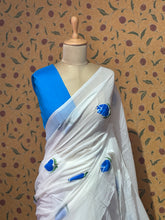 White Mul Cotton Hand-Painted Saree with Blue Floral Motifs