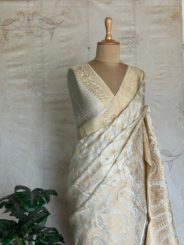 Vrishti - Mushru Satin Silk Saree with Antique Zari Jaal Weaving
