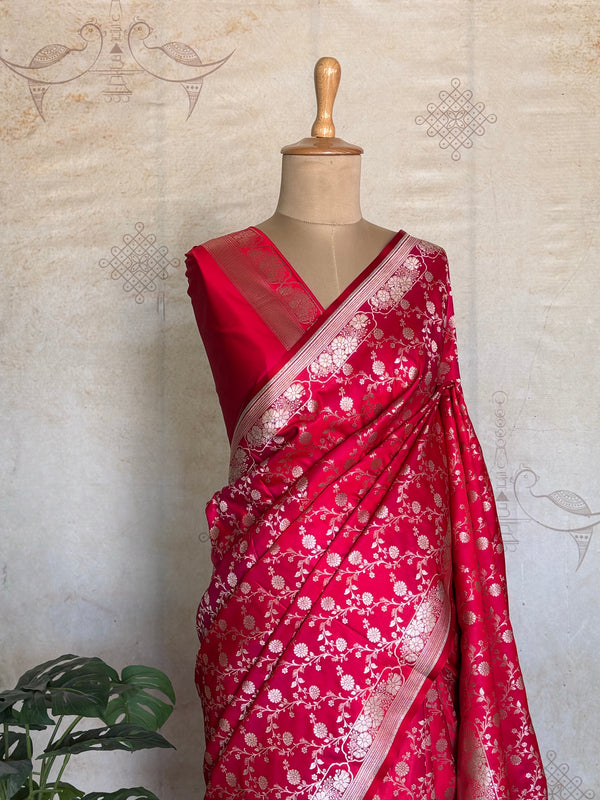 Vasundhari - Pure Banarasi Red Jaal Saree