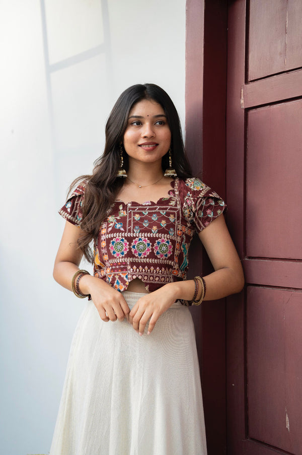 Vennila - Kalamkari Sequence Embroidered Top and Georgette Skirt
