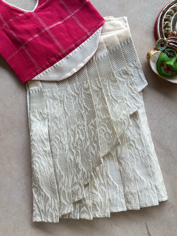 Kashi Overlapped Kasavu Skirt with Pink Corset Top – Vishu Edit