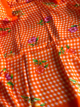 Pure Mangalgiri Silk Orange Gingham Checks Saree with Floral Digital Prints