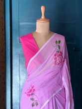 Blush Pink Mul Cotton Hand-Painted Saree with Rose Motifs