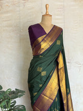 Forest Green Semi Kanchi Silk Saree with Kolam Buttas & Royal Purple Contrast Pallu