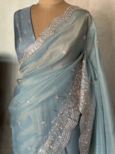 Powder Blue Soft Organza Saree with Scalloped Edges & Gold Pita Work Embroidery