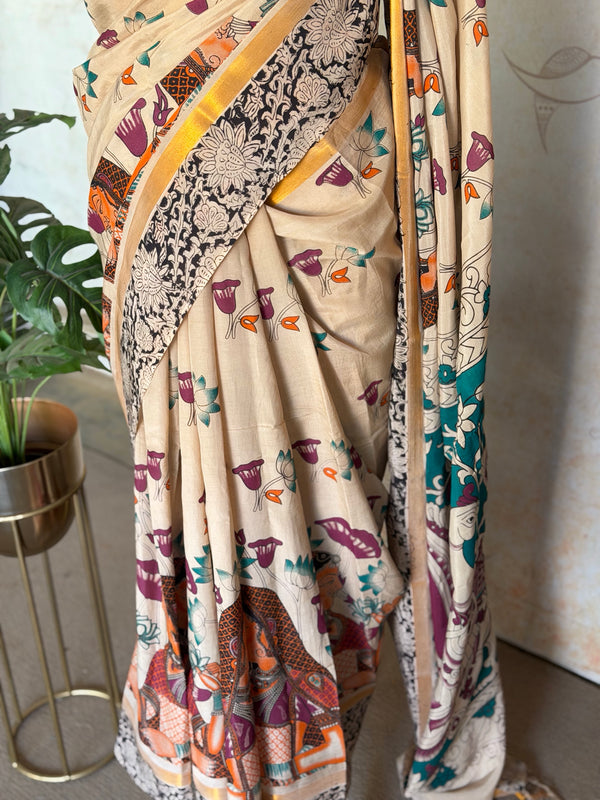 Pure Chennuri Silk Kalamkari Saree with Zari Border