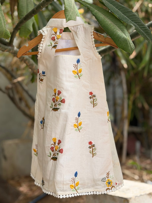 Pleated A line Floral Embroidered Dress - Yellow