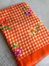 Pure Mangalgiri Silk Orange Gingham Checks Saree with Floral Digital Prints