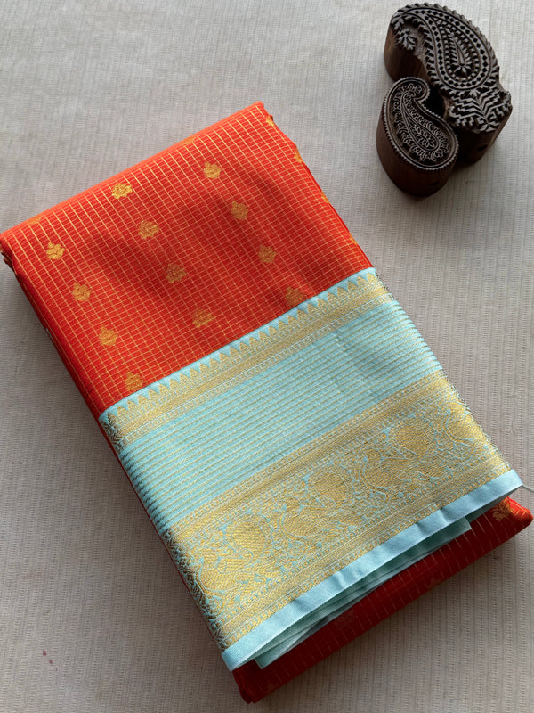 Deep Orange Semi Kanchi Silk Saree with Mint Zari Border