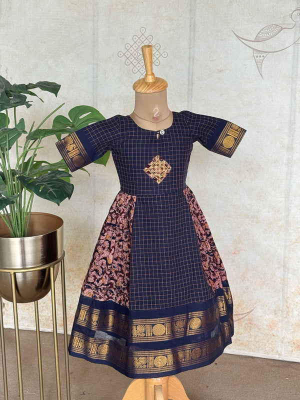 Thendral - Kids A-Line Dress With Kolam Embroidery & Sungudi Border