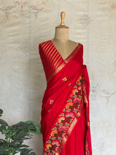 Sadhna - Pure Chiffon Cross Stitch Saree with Floral Embroidered Border & Zari Pallu